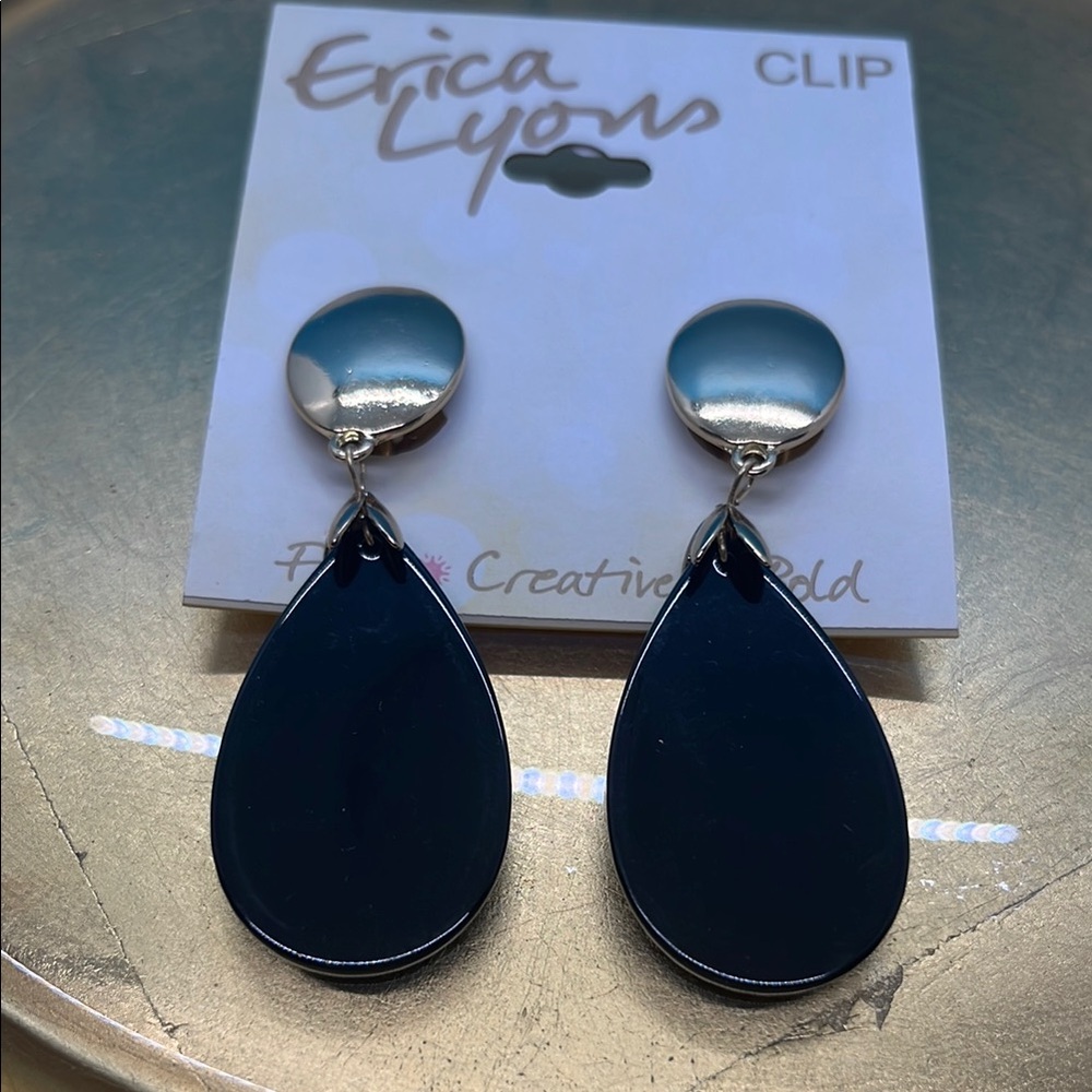 R53. Erica Lyons Black and Silver Teardrop Clip Earrings
